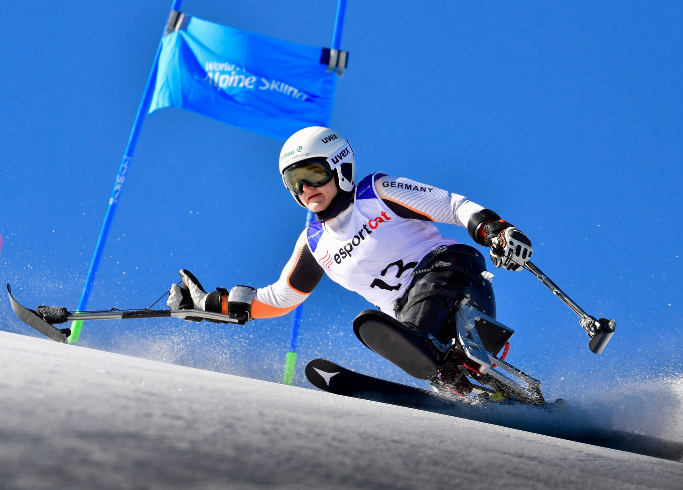 A disabled competitor using specially-adapted ski equipment