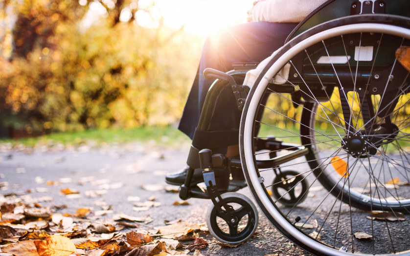 woman in wheelchair in autumn nature.