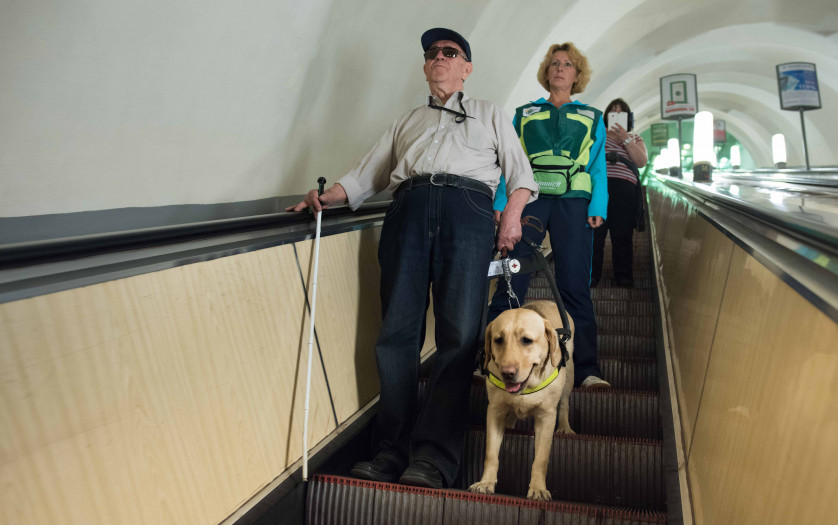 Blind Man traveling with guide dog