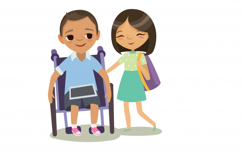 Happy kid in Wheelchair with his classmate with books and tablets. Vector