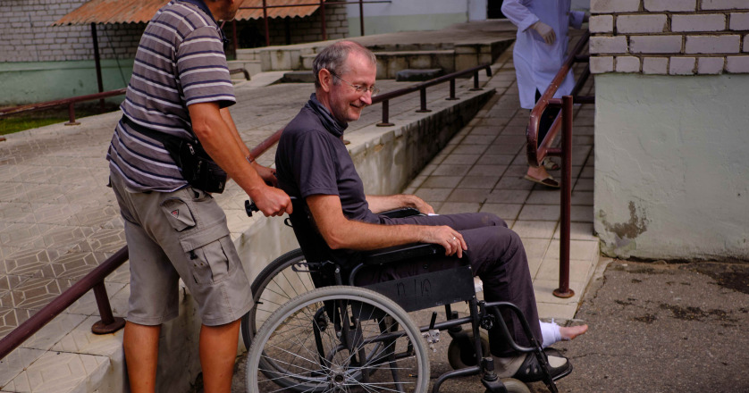 A man in a wheelchair at the emergency room of the city hospital.