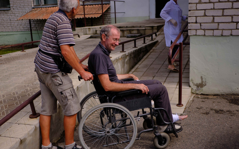 A man in a wheelchair at the emergency room of the city hospital.
