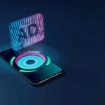 3D rendering smartphone with display emitting neon violet pink blue holographic symbol of audio description icon icon on dark background with blurred reflection