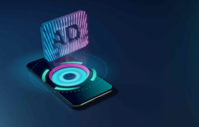 3D rendering smartphone with display emitting neon violet pink blue holographic symbol of audio description icon icon on dark background with blurred reflection