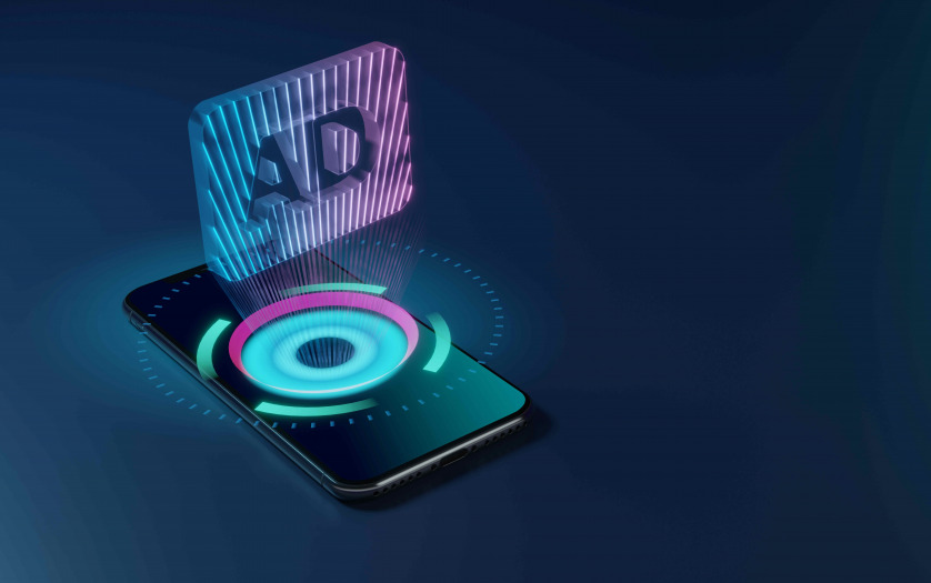 3D rendering smartphone with display emitting neon violet pink blue holographic symbol of audio description icon icon on dark background with blurred reflection
