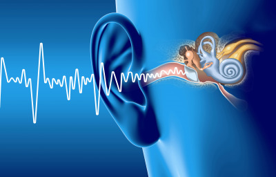 soundwave and ear anatomy, medical 3D illustration. Canal, otitis.