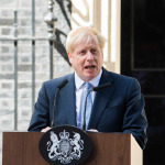 Boris Johnson, delivers a speech outside 10 Downing Street.