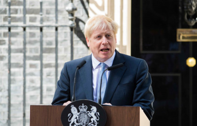 Boris Johnson, delivers a speech outside 10 Downing Street.