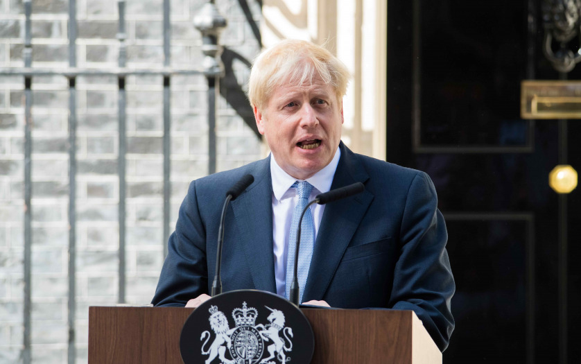 Boris Johnson, delivers a speech outside 10 Downing Street.