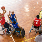 men's wheelchair basketball match between Malaysia (red) and Philippines (blue)
