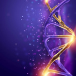Dna structure, golden dna molecule on violet background