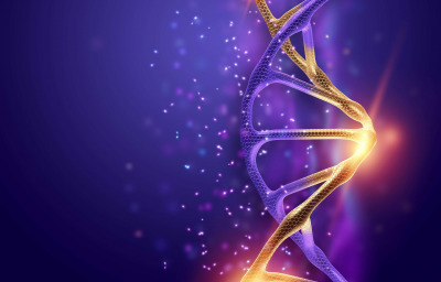 Dna structure, golden dna molecule on violet background