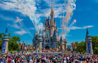 Mickey`s Royal Friendship Faire and fireworks on Cinderella Castle in Magic Kingdom at Walt Disney World Resort.