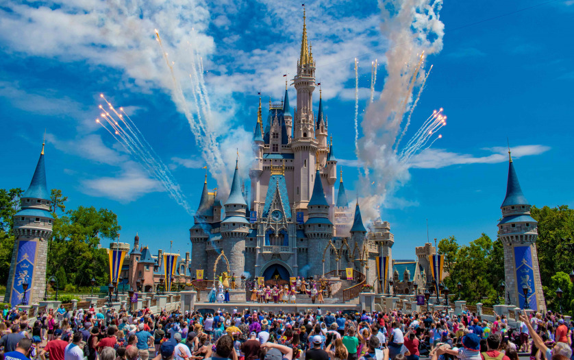 Mickey`s Royal Friendship Faire and fireworks on Cinderella Castle in Magic Kingdom at Walt Disney World Resort.
