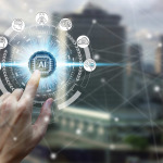 hand touching virtual screen Artificial Intelligence technology icon over the Network connection