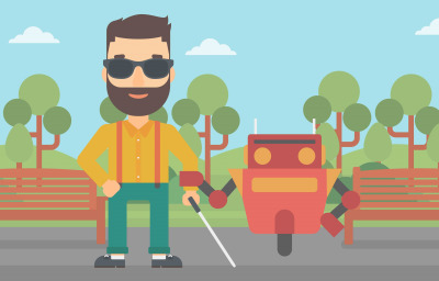 Robot assistant helping blind man illustration