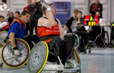 athletes playing wheelchair rugby during the Paragames