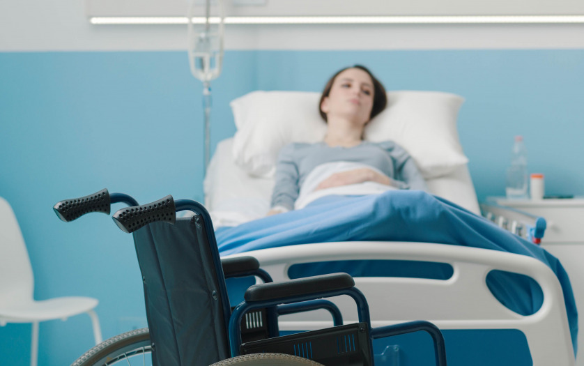 Hospitalized patient lying in bed and wheelchair