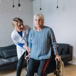 Woman in old age home with wheelchair