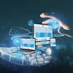 Cyborg hand holding devices with medical iconnd stethoscope 3d rendering