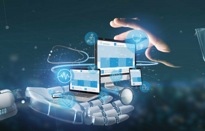 Cyborg hand holding devices with medical iconnd stethoscope 3d rendering