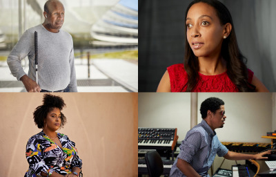 Arranged in a grid, four portraits featuring, clockwise from top left, Dean Hudson, Haben Girma, Matthew Whitaker, and Tatiana Lee
