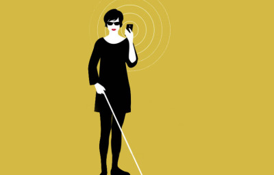 blind woman using smartphone vector