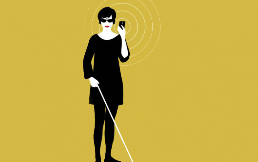 blind woman using smartphone vector