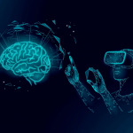 Active human brain vr headset next level menthal abilities. man wearing glasses augmented reality geometric blue glowing