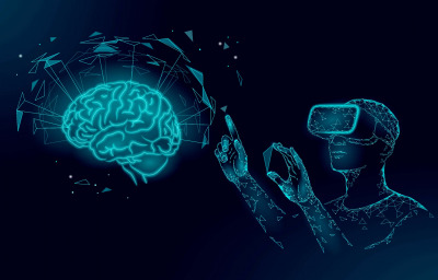 Active human brain vr headset next level menthal abilities. man wearing glasses augmented reality geometric blue glowing