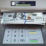 ATM machine and money. Withdrawing dollar banknotes