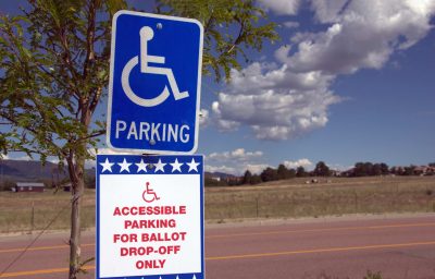 Ballot Box Sign for Election - All Mail-In Voting With Wheelchair Handicap Accessible Parking