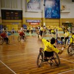 men doubles wheelchair badminton match between two Malaysian pairs at the 5th Asean Para Games 2009, held at Juara Stadium, Bukit Kiara,, Kuala Lumpur