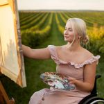 Side view of woman in wheelchair painting outside