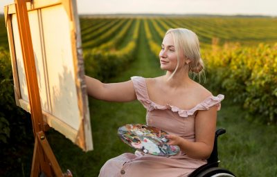 Side view of woman in wheelchair painting outside