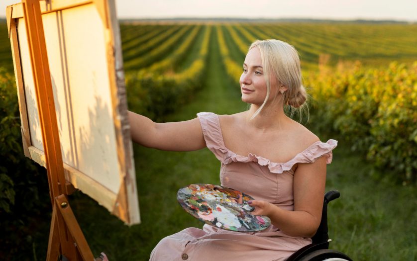Side view of woman in wheelchair painting outside