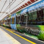 Heathrow express train at the platform in Paddington railway station. London, England
