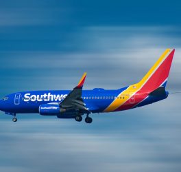 Southwest Airlines aircraft preparing to land in airport