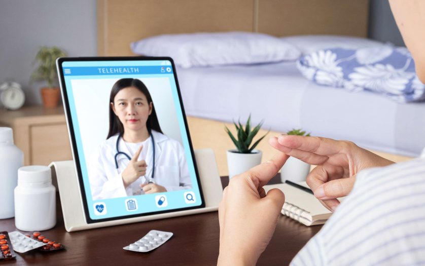 Deaf patient use video conference, make online consultation by sign language with doctor on tablet