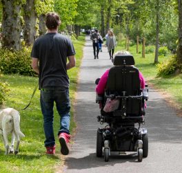 a carer and a support dog walking alongside a woman in an electric wheelchair
