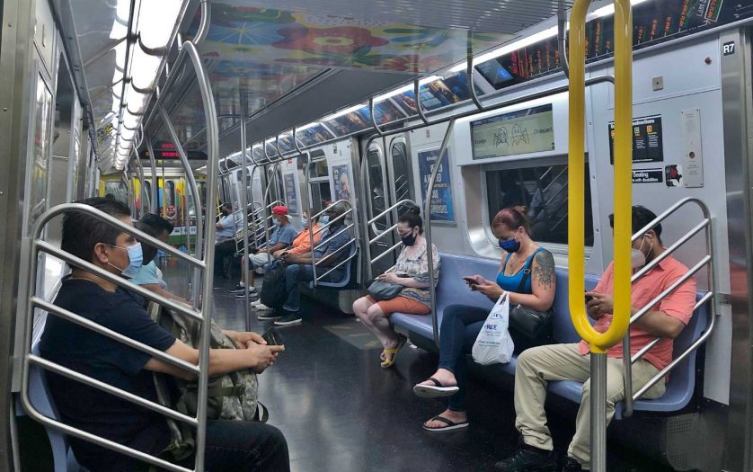 New York City Passengers Inside Subway Car Public Transportation Wearing Face Mask