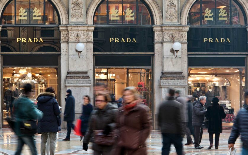 People passing by Prada shop in Galleria Vittorio Emanuele in Milan, Italy