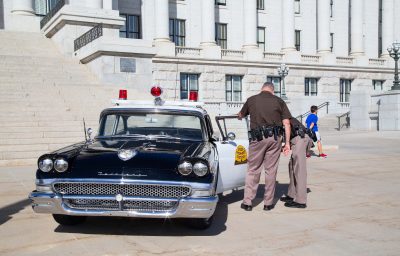 Two Policemen, Historical police car in front of the Utah State Capitol