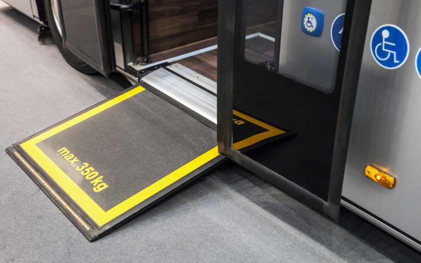 Platform for wheelchairs in the cabin of a modern and comfortable city bus