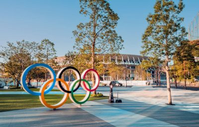 Tokyo Olympic Symbol logo at Shinjuku Stadium