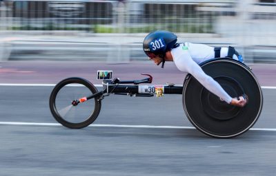Racing in a wheelchair during the New York Marathon