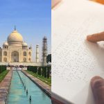 Collage of two images, left Taj Mahal, right, a person reading braille