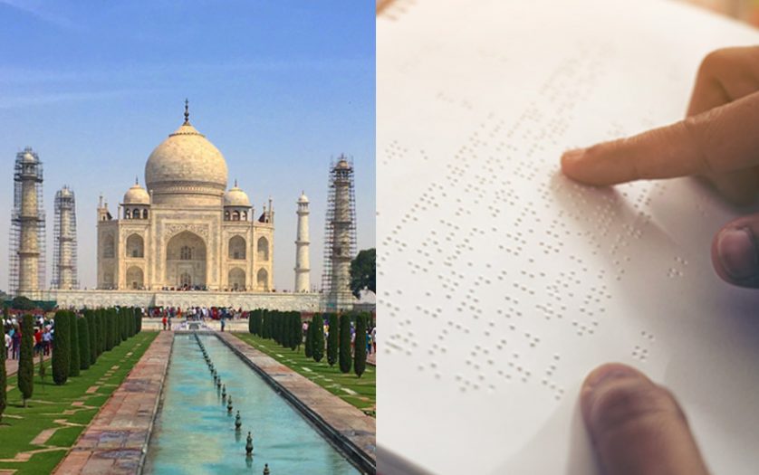 Collage of two images, left Taj Mahal, right, a person reading braille