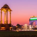 The india gate and the canopy, night illuminated view, New Delhi,