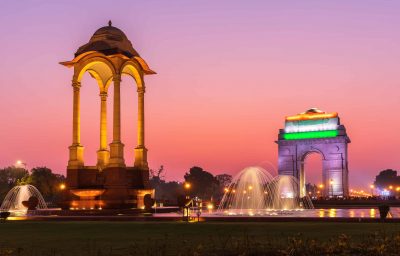 The india gate and the canopy, night illuminated view, New Delhi,